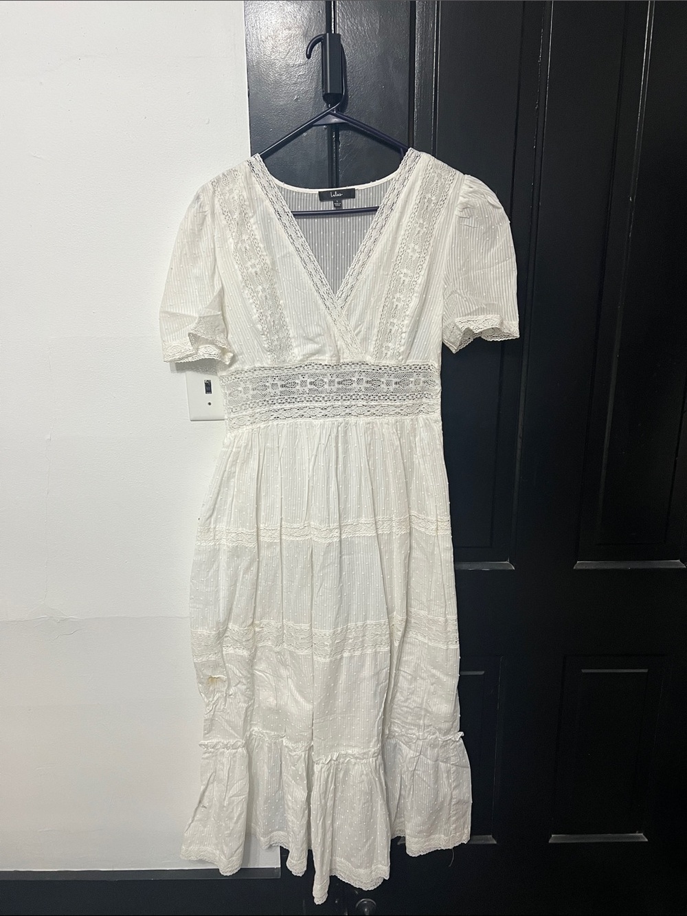 Lulu's White Eyelet V-Neck Tiered Midi Dress